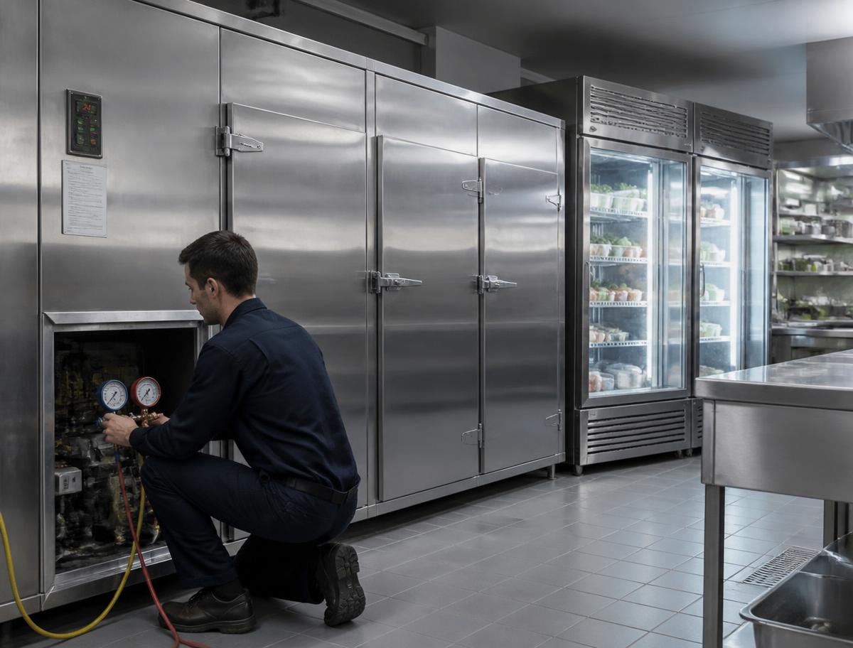 Technician servicing a commercial cold room and display fridges